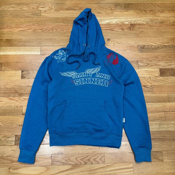 Bodega Boston Designer Hoodie Cornerstore Saint & Sinner Mens Small Blue - Picture 1 of 5